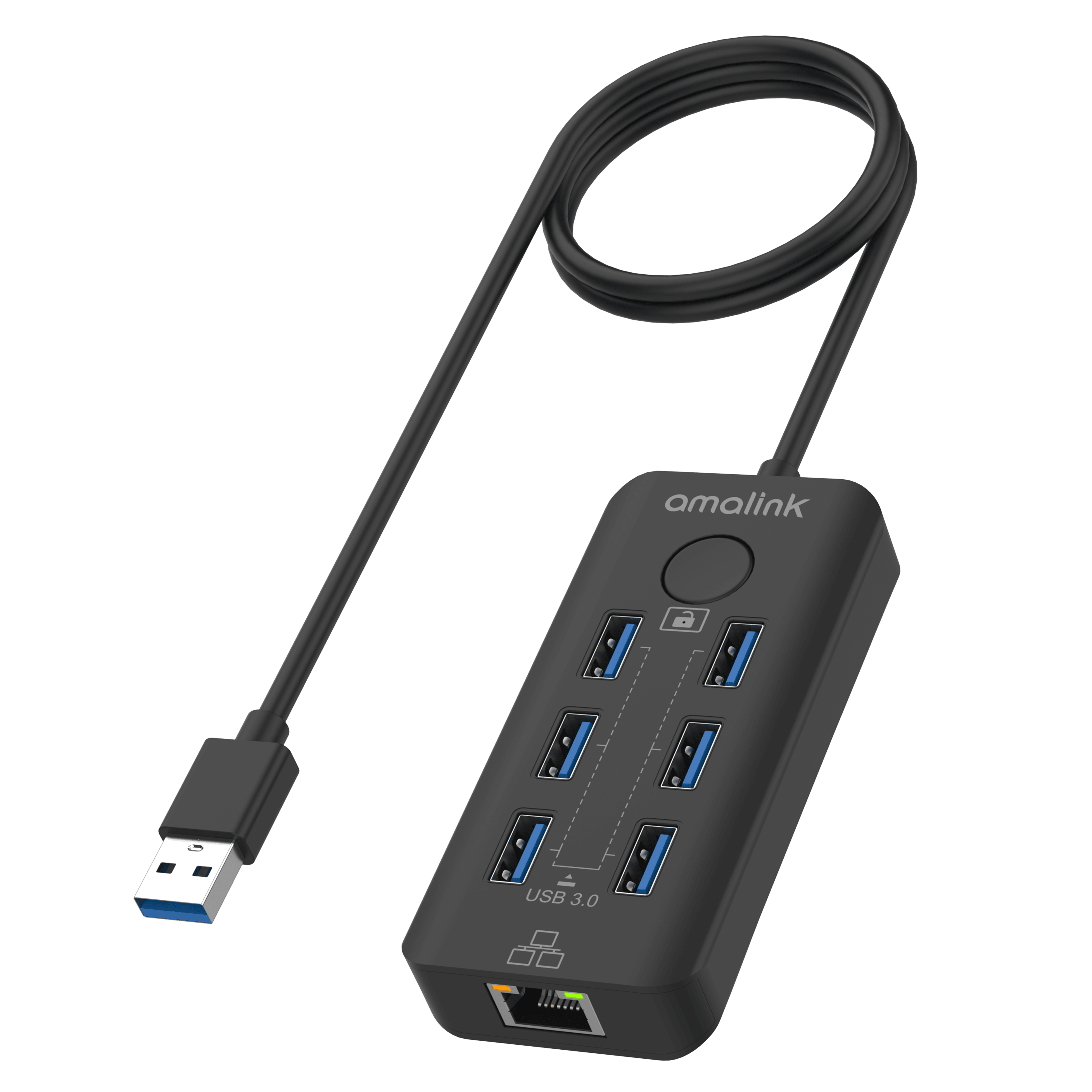 USB 3.2 Gen 1 6-Port 5G Hub with Ethernet card and One-click Lock Screen Button